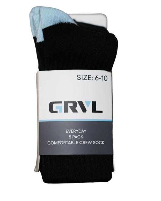GRVL Womens Everyday Comfortable Crew Sock- 5PK