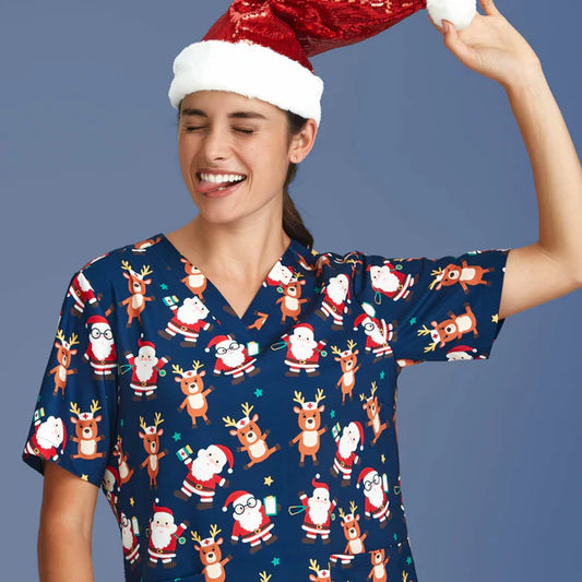 Biz Xmas Ladies V Neck Poly Scrubs S/S